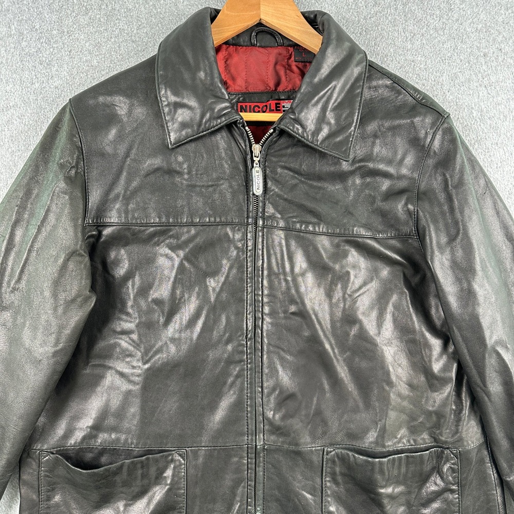 Vintage Nicole Miller Leather Jacket Mens L Black Full Zip Quilted Casual Coat